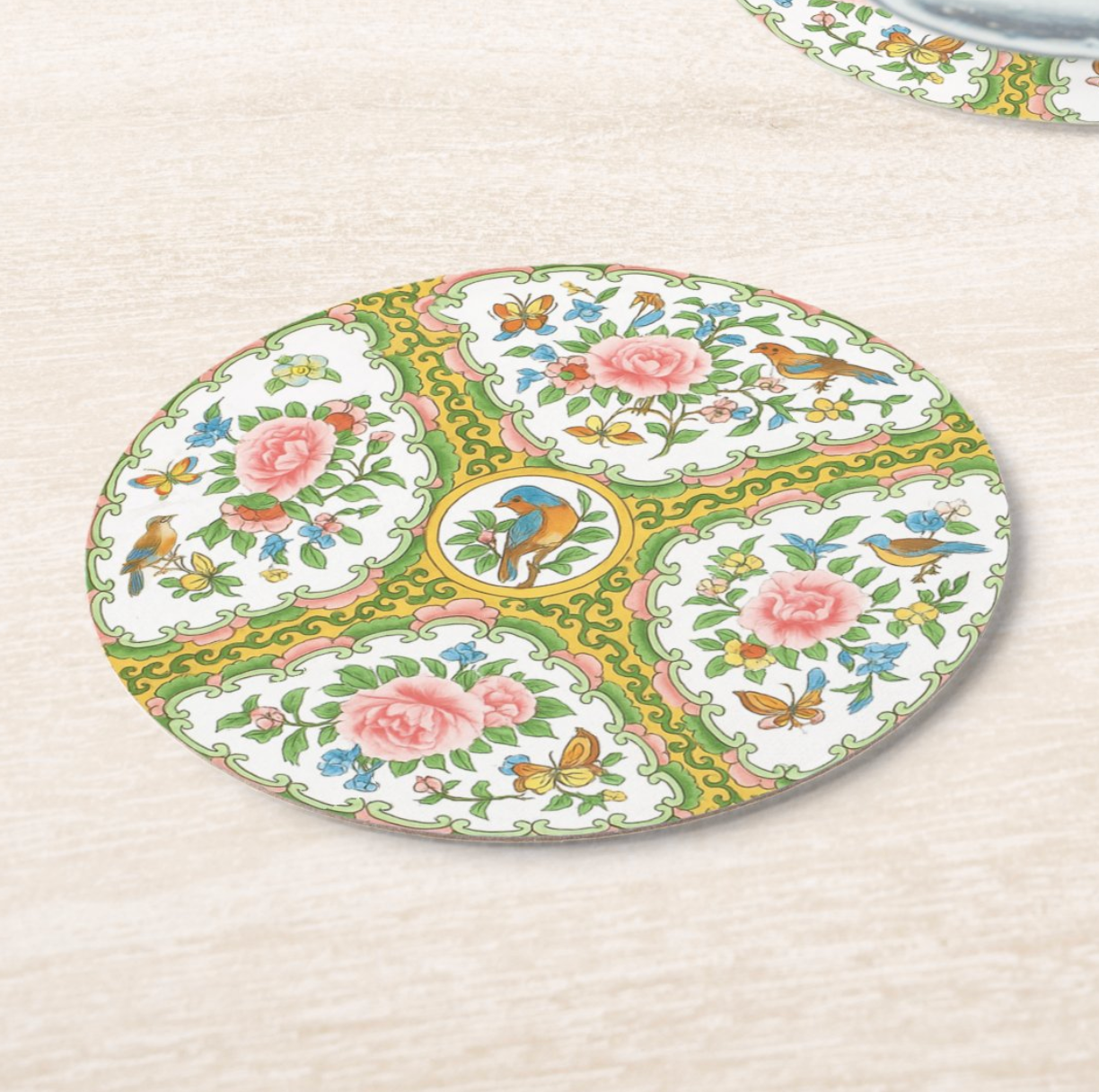 Antique Rose Yellow & Pink Birds & Floral Coaster Set: 8 / Retail