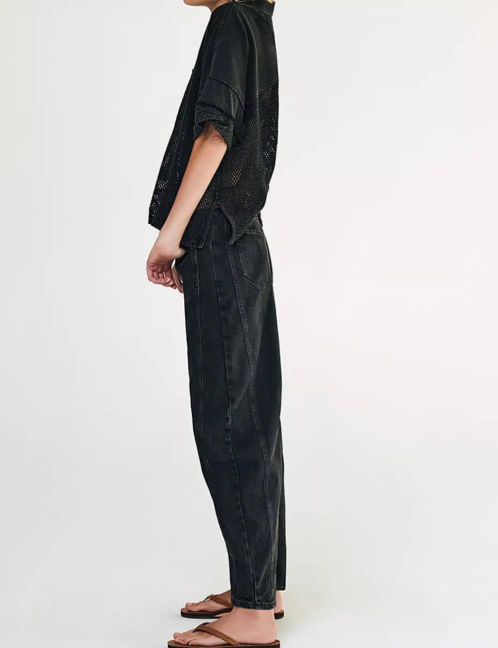 Ladies Mid Rise Wide Leg Barrel Jeans Black