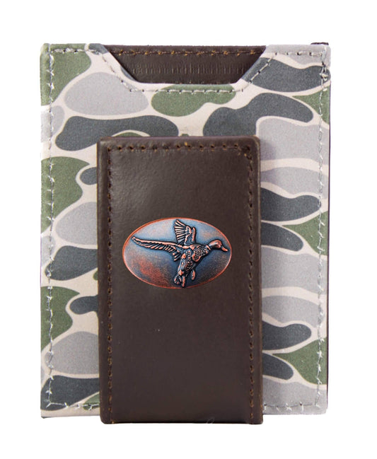 Mallard Men's Magnetic Front Pocket Old School Camo Leather Wallet.: Green/Gray Camo