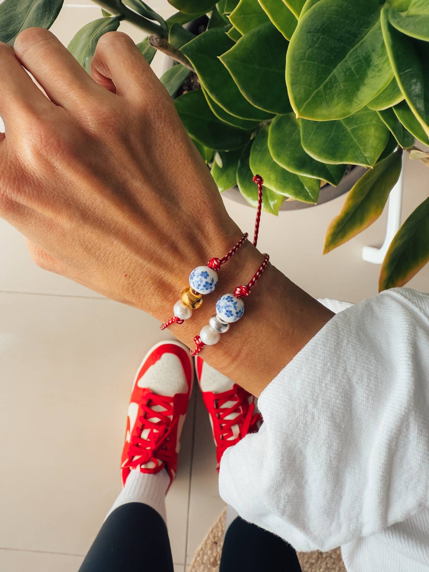 Red Cord Porcelain Bead and Pearl Bracelet
