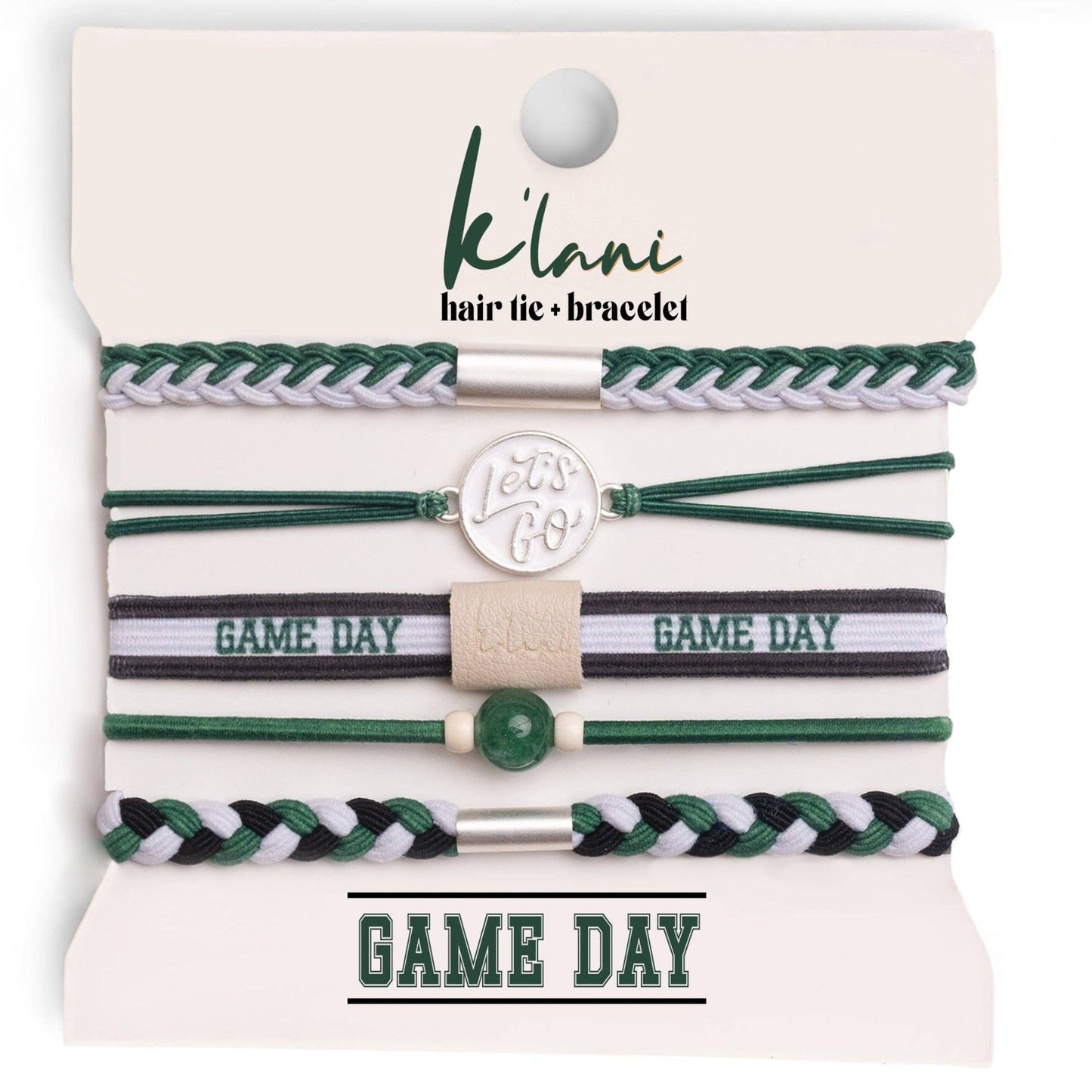 "Game Day" Green, White & Black Hair Tie Bracelets: Medium