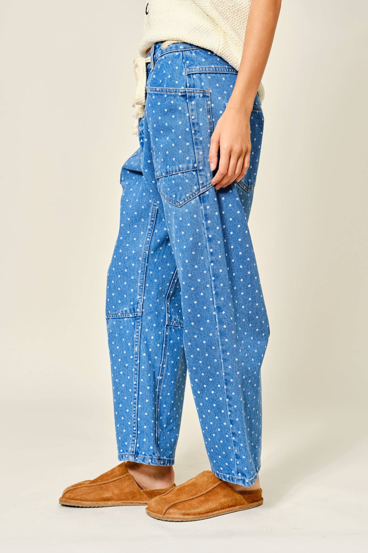 POLKA DOT DENIM BARREL PANTS