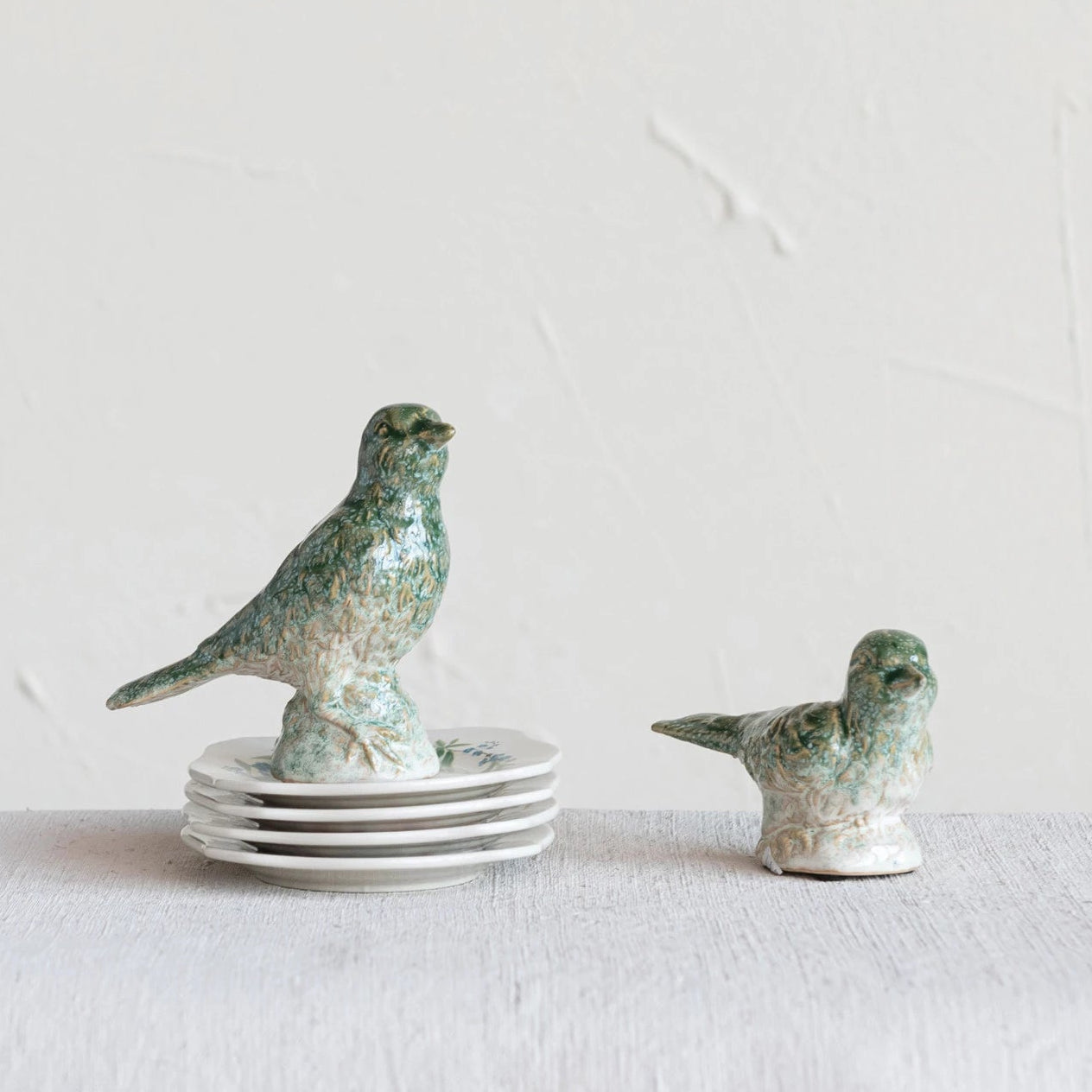 Debossed Stoneware Bird Green