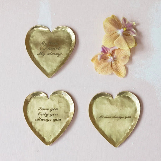 Decorative Hammered Brass Heart Shaped Dish w/ Laser Etched Saying