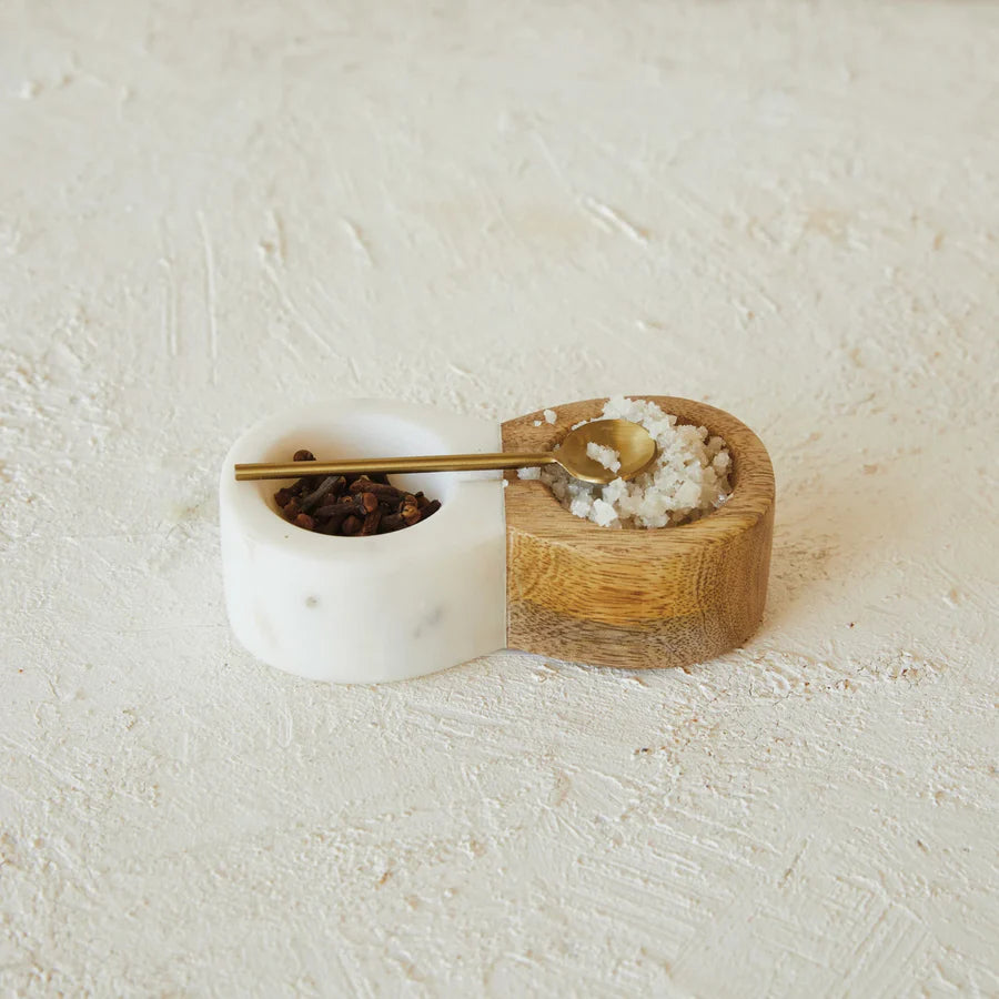 Mango Wood & Marble Pinch Pot w/ Brass Spoon