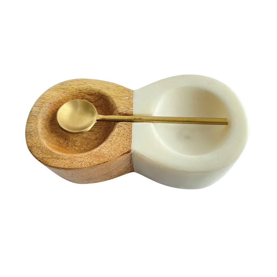 Mango Wood & Marble Pinch Pot w/ Brass Spoon