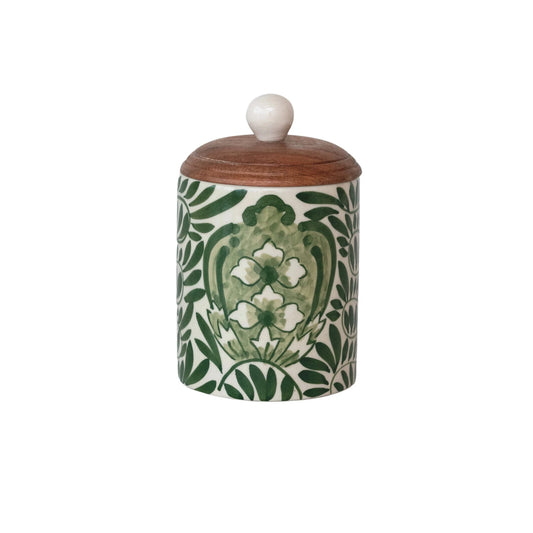 Stoneware Canister w/ Lid Green/White