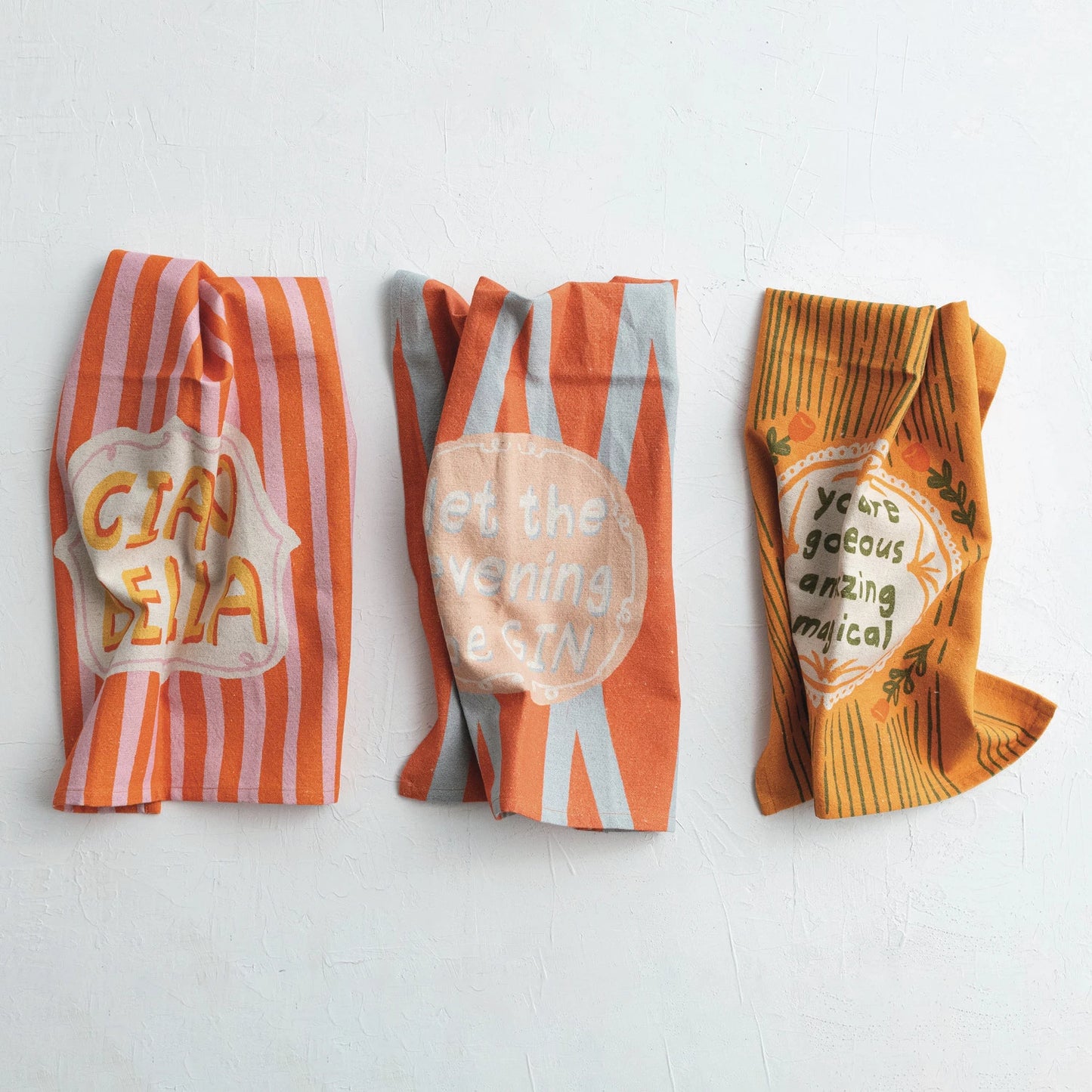 Cotton & Linen Printed Tea Towel w/ Pattern & Saying