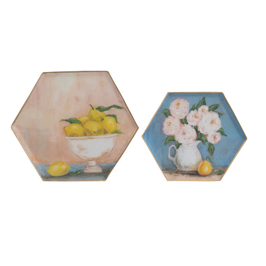 Hexagon Enameled Metal Trays with Gold Edges, Set of 2 ©