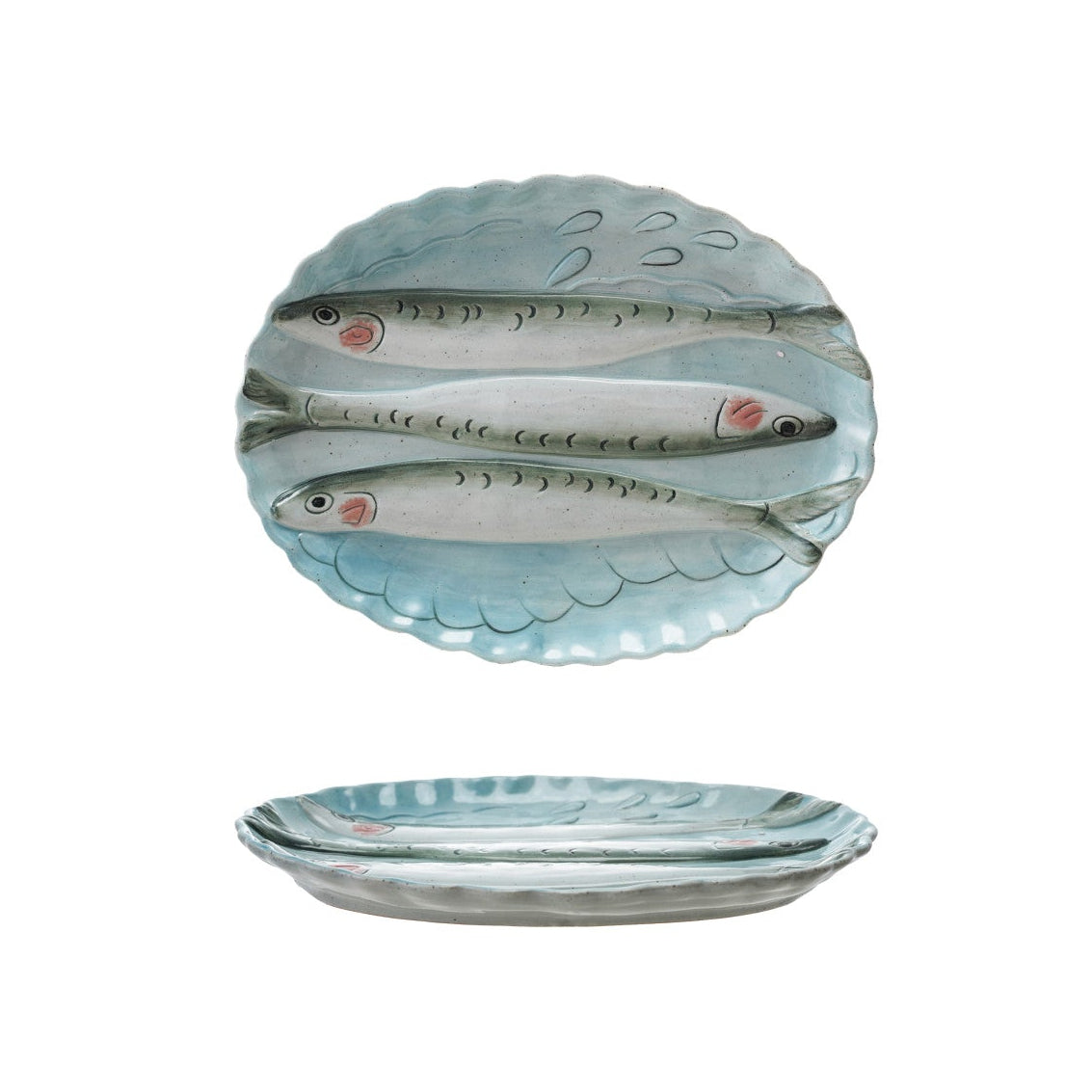 Oval Stoneware Scalloped Plate with 3D Fish Image
