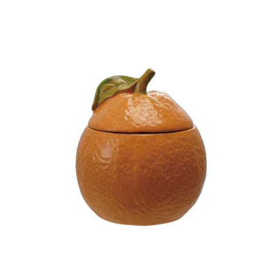 Stoneware Orange Shaped Jar with Lid, Orange Color & Green