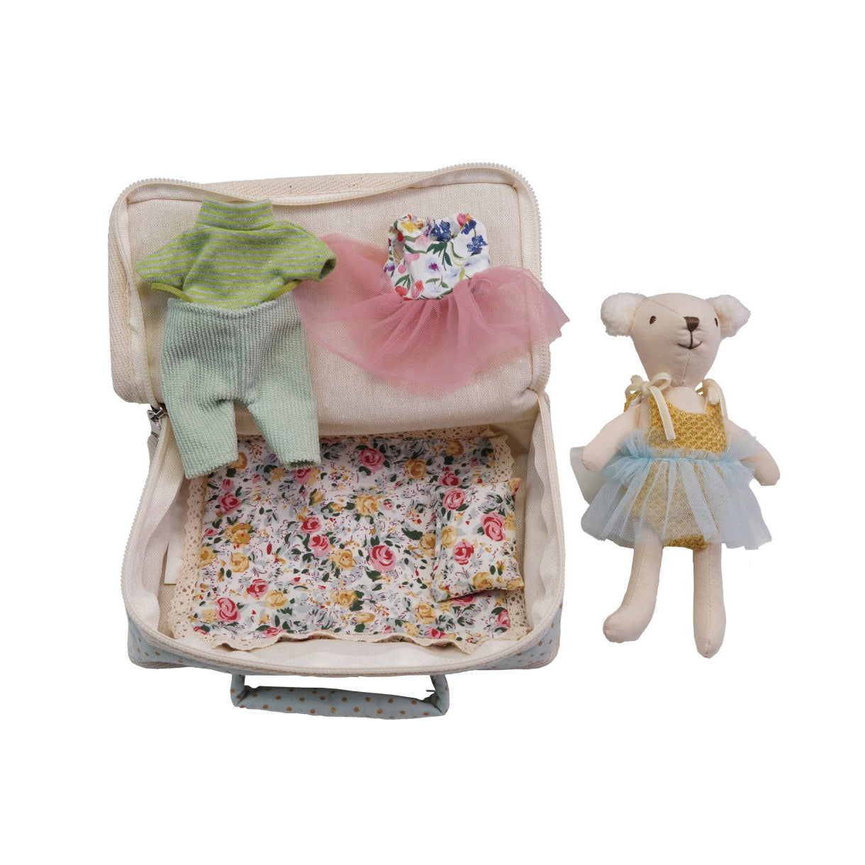 Fabric Suitcase Bed with Plush Bear & Outfits, Set of 6