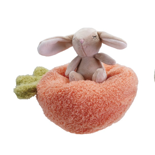 Plush Animal with Carrot/Pod Shaped Bed