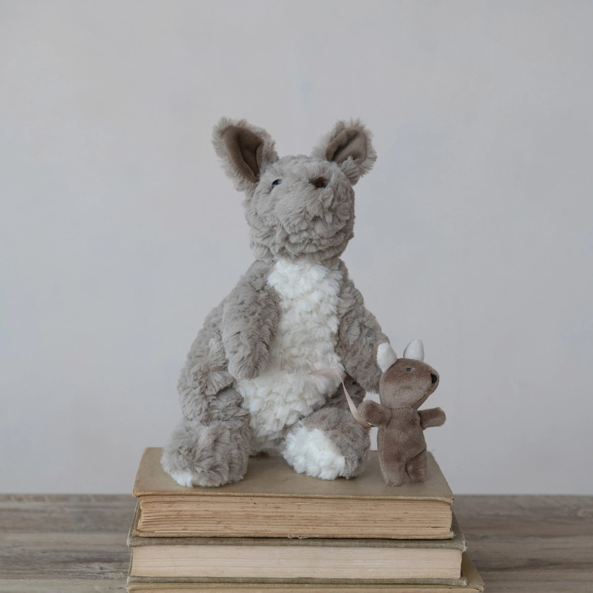 Plush Kangaroo w/ Joey in Pouch, Grey & White