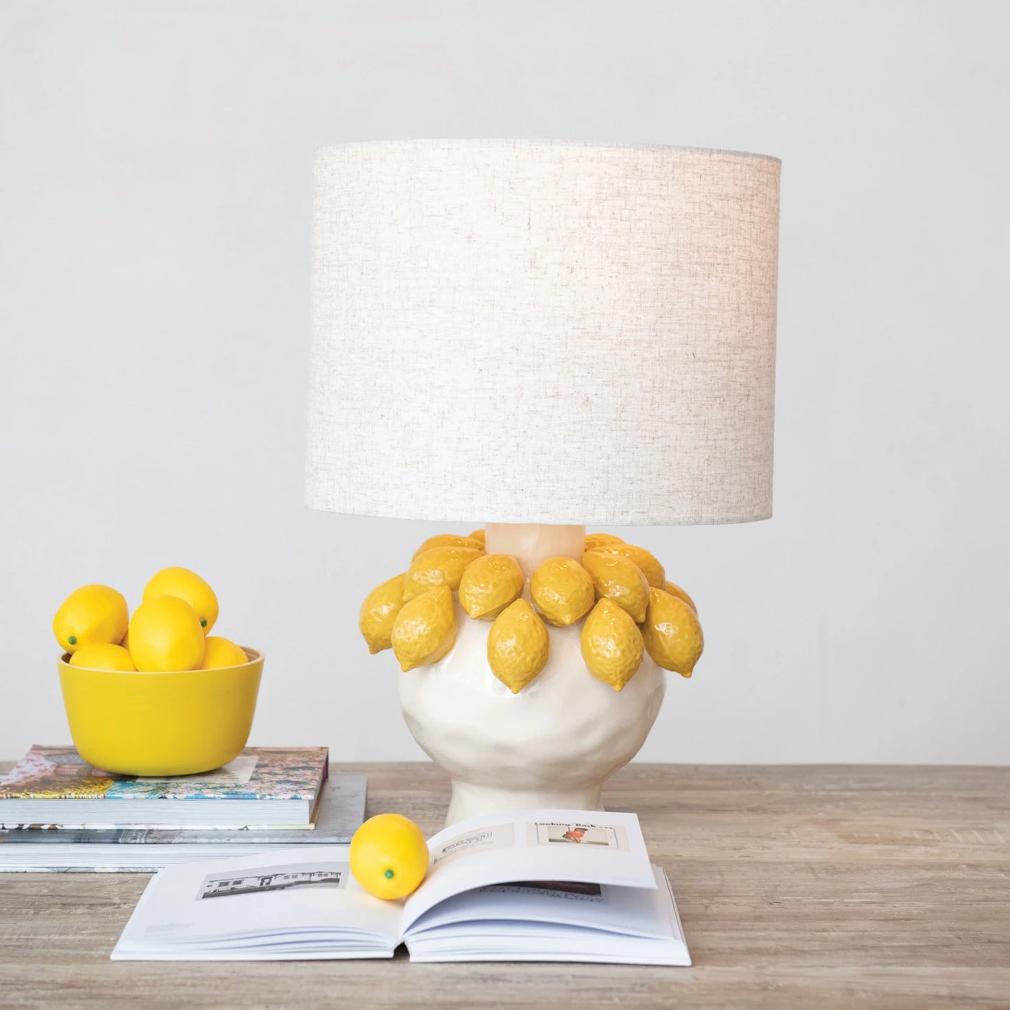Handmade Stoneware Table Lamp w/ 3D Lemons & Linen Shade
