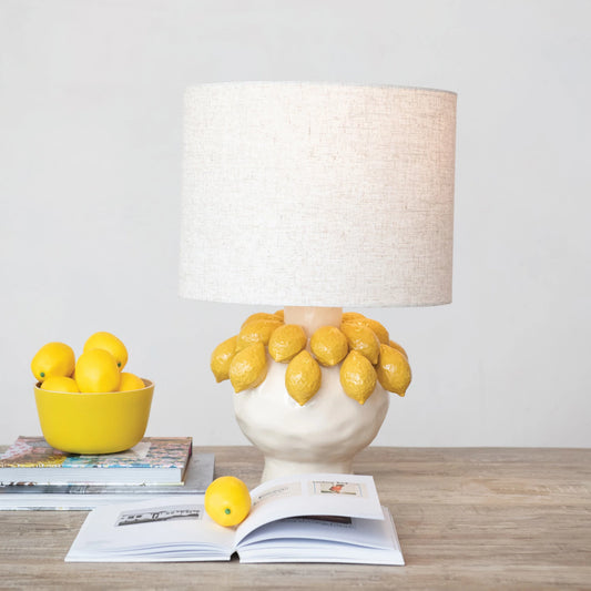 Handmade Stoneware Table Lamp w/ 3D Lemons & Linen Shade