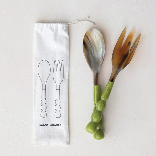 Natural Horn Salad Servers w/ Marbled Resin Handles