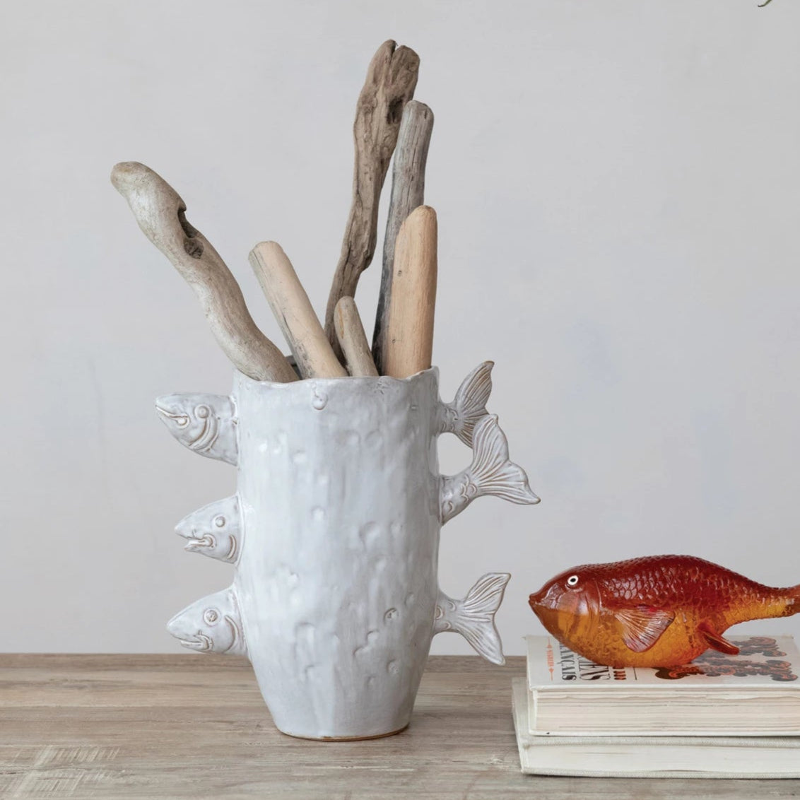 Stoneware Vase w/ 3D Fish, Reactive Glaze