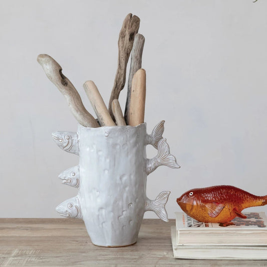 Stoneware Vase w/ 3D Fish, Reactive Glaze