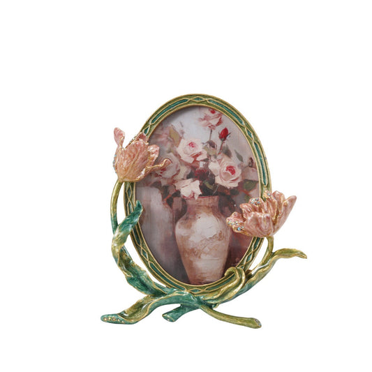 Enameled Metal Photo Frame w/ 3D Flowers & Jewels (Holds 3-1/2"W x 5"H Photo)