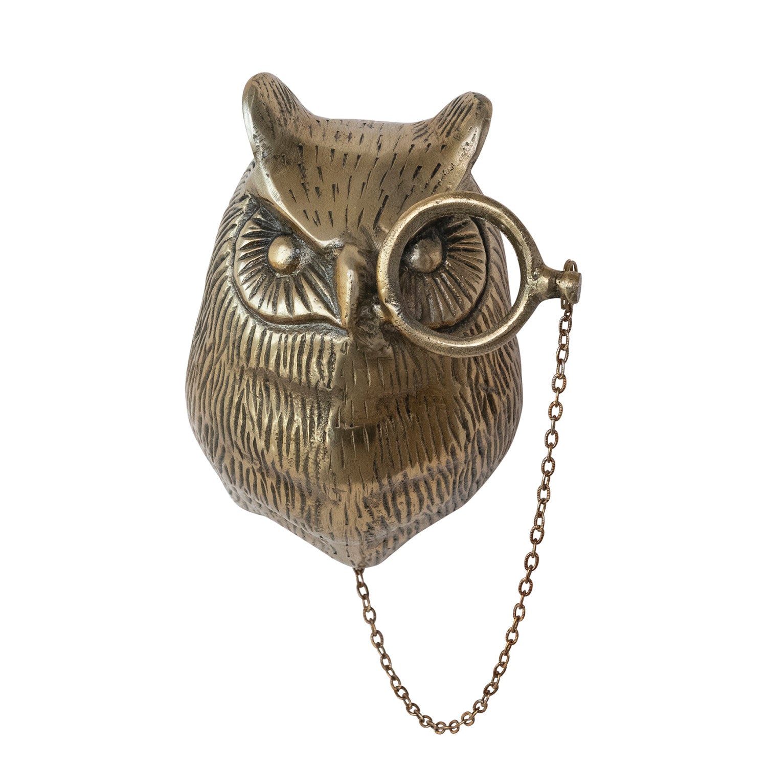 Cast Aluminum Owl Head with Monocle Wall Decor, Antique Brass Finish