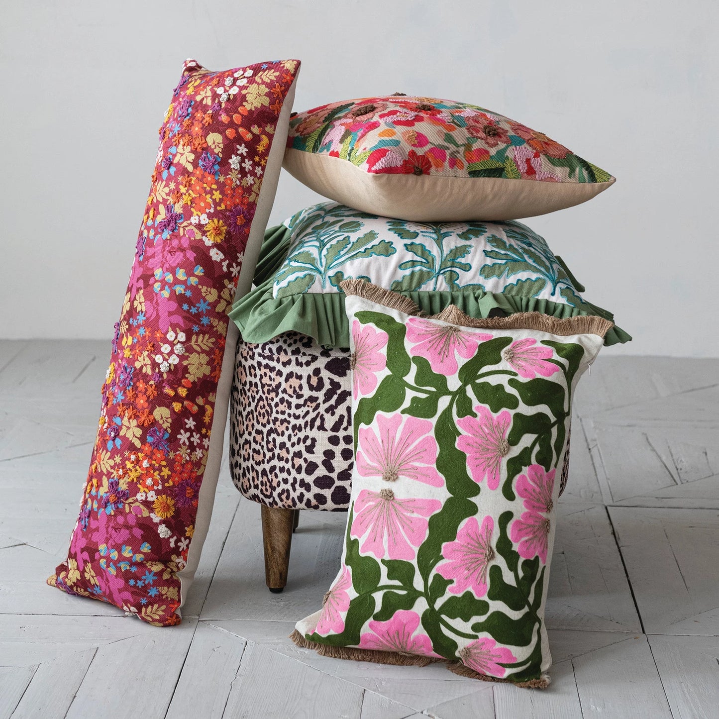 18" Square Floral Pattern Pillow Embroidery & Ruffle