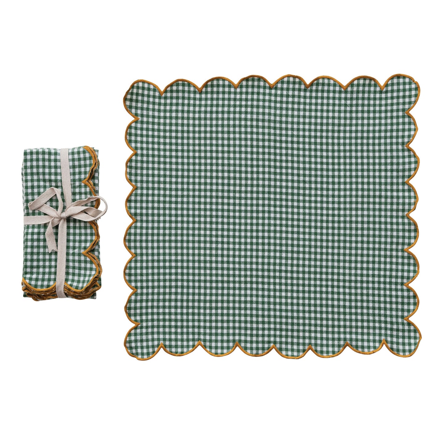 Cotton Scalloped Napkins with Contrasting Stitched Edges, Set of 4 Tied with Cotton Tape