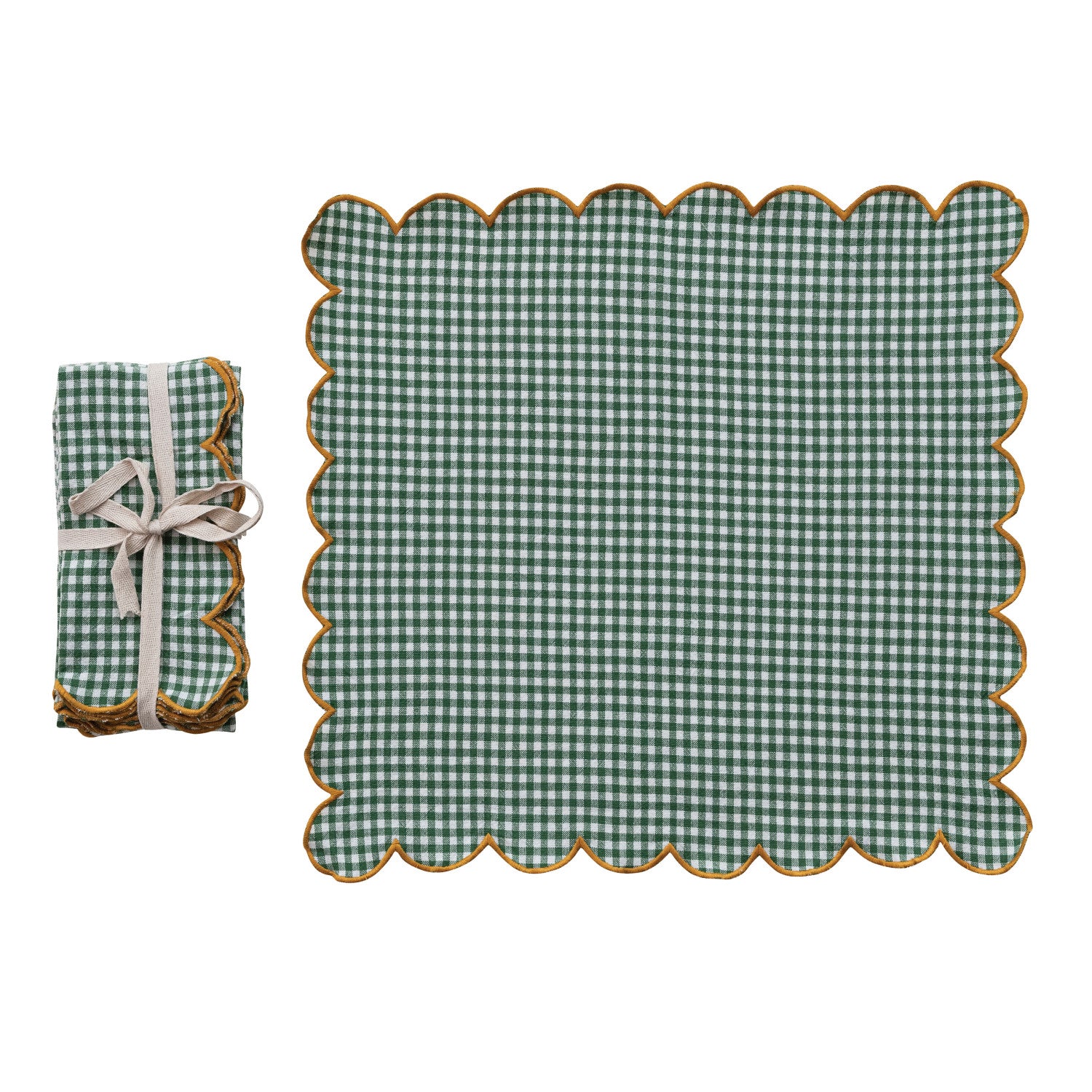 Cotton Scalloped Napkins with Contrasting Stitched Edges, Set of 4 Tied with Cotton Tape