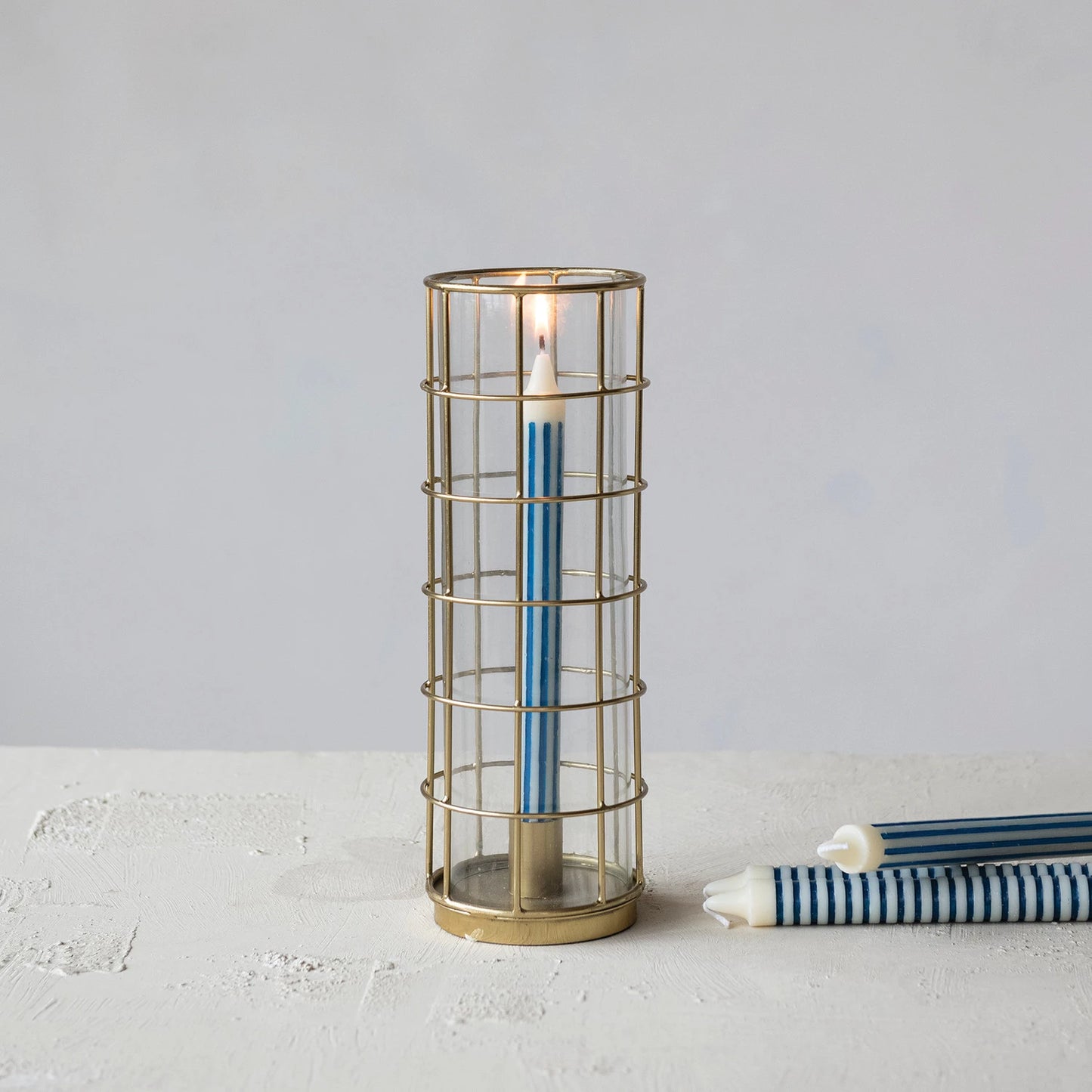 Metal Taper Holder in Metal Cage with Glass Hurricane