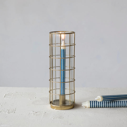 Metal Taper Holder in Metal Cage with Glass Hurricane