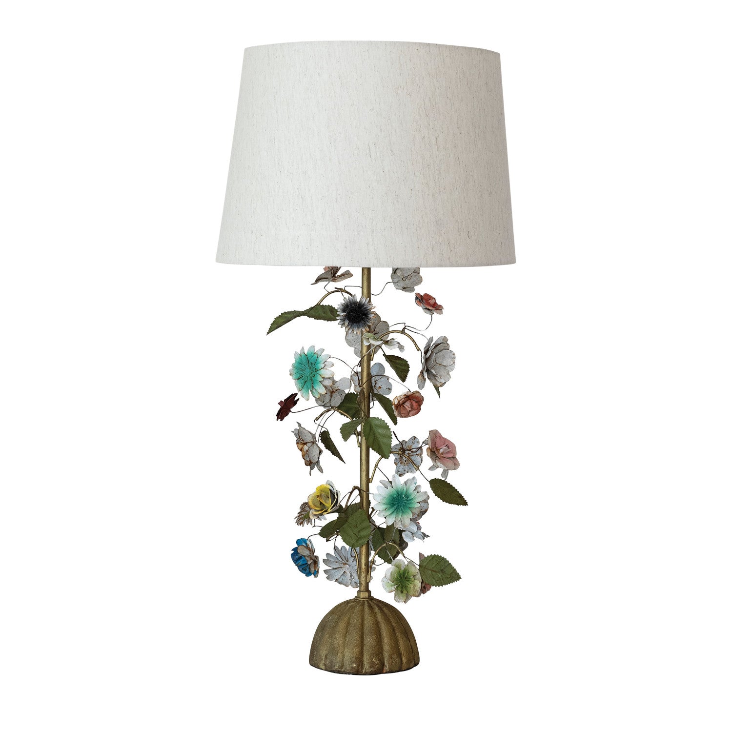 Metal Vintage Reproduction Toleware Flowers Table Lamp with Linen Shade & Inline Switch