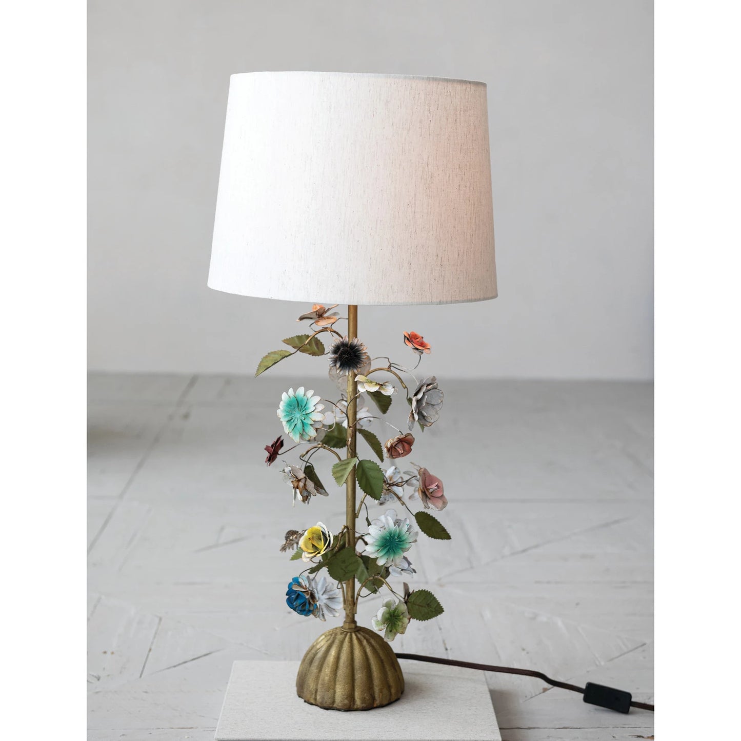 Metal Reproduction Toleware Flowers Table Lamp with Linen Shade