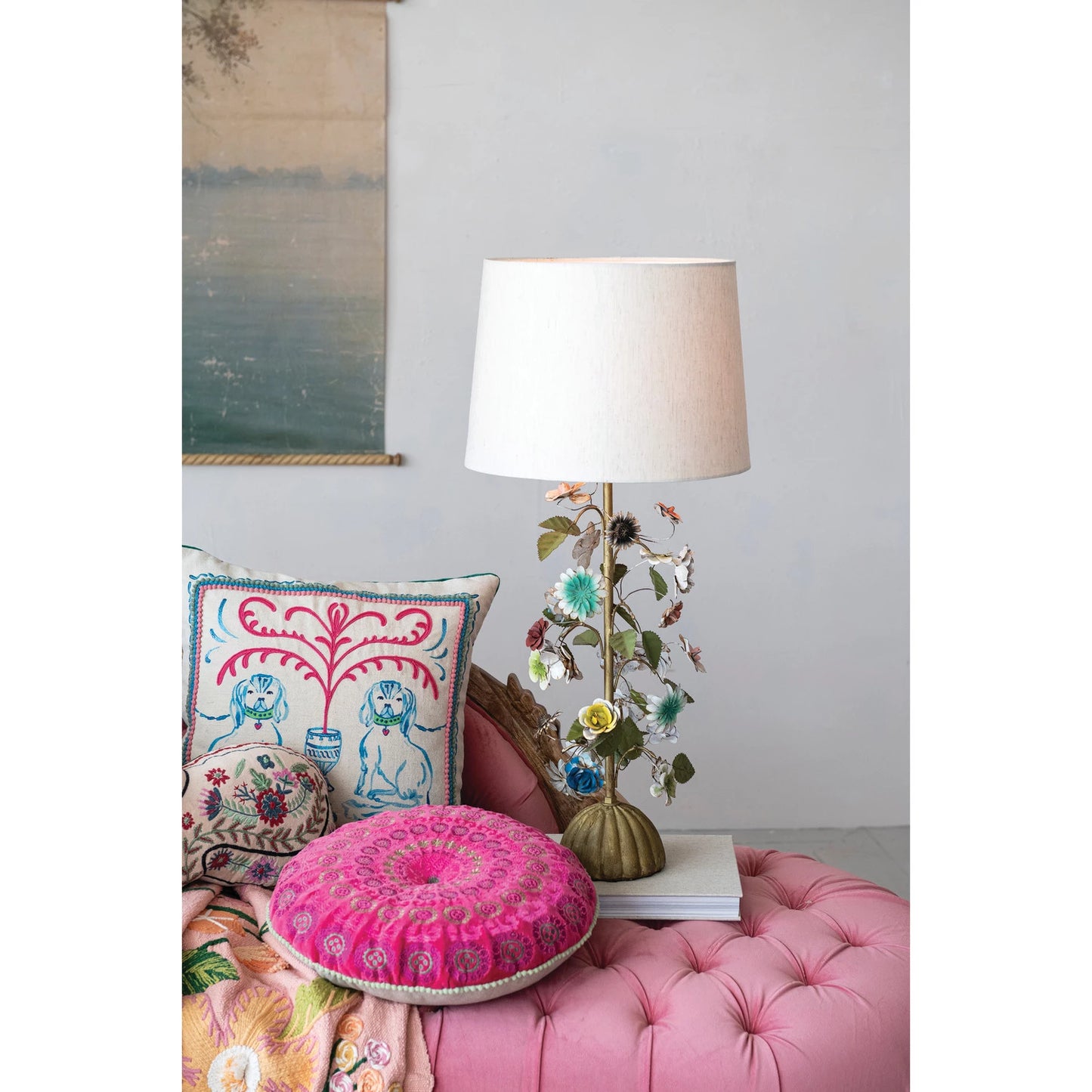 Metal Reproduction Toleware Flowers Table Lamp with Linen Shade