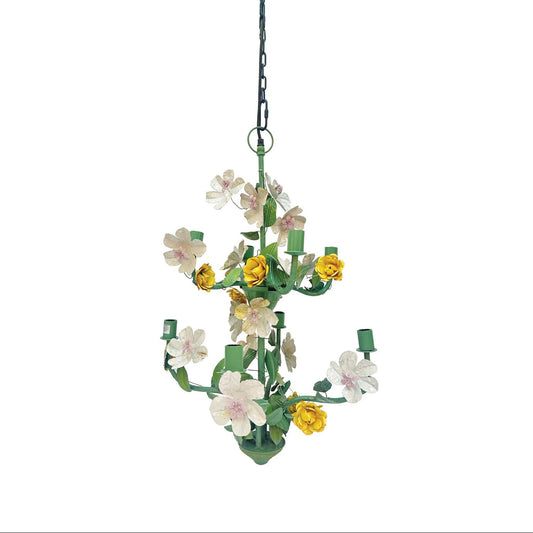 Metal Vintage Reproduction Toleware Flowers Chandelier with 8 Lights, Chain & Cord, KD