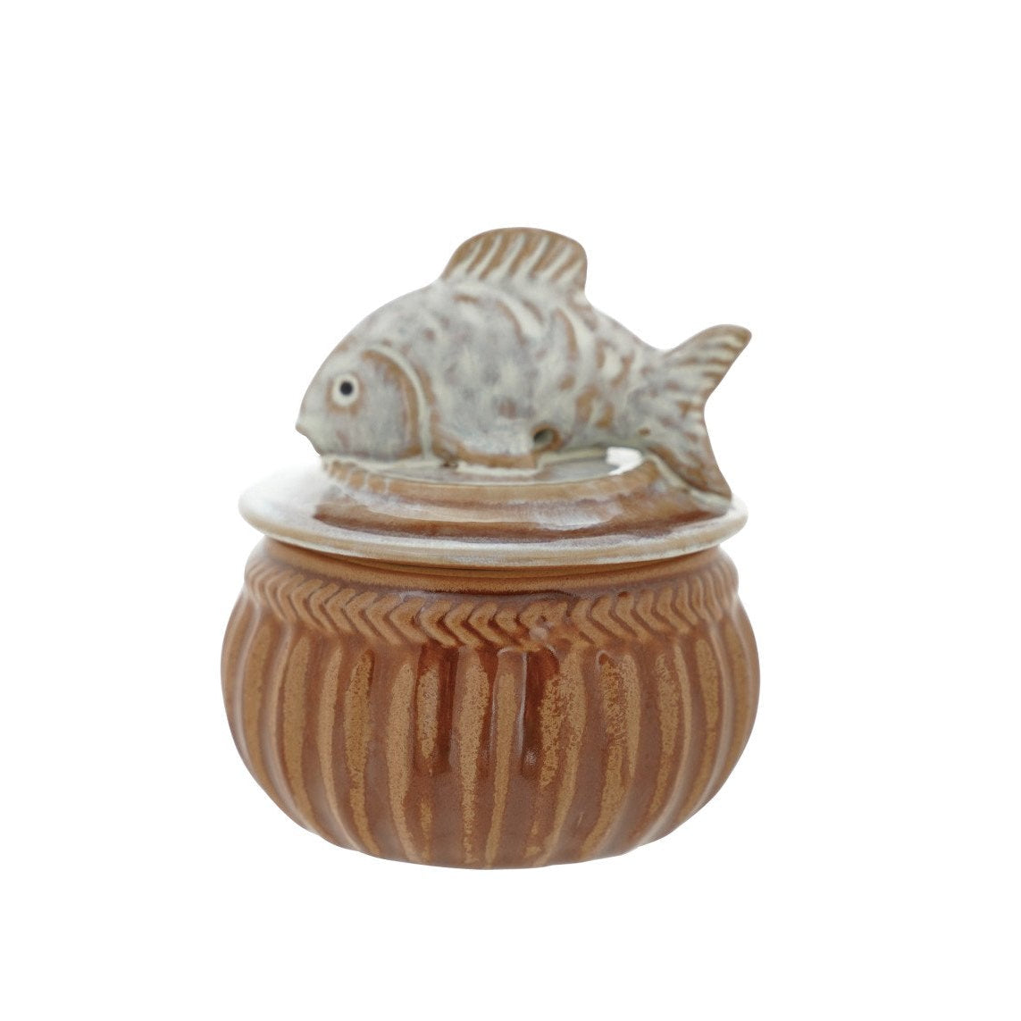 Stoneware Salt Cellar with Fish, Brown & White (Each One Will Vary)