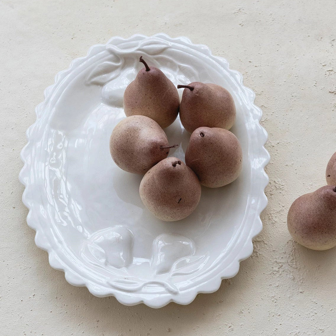 Stoneware Scalloped Platter with Embossed Pears, White