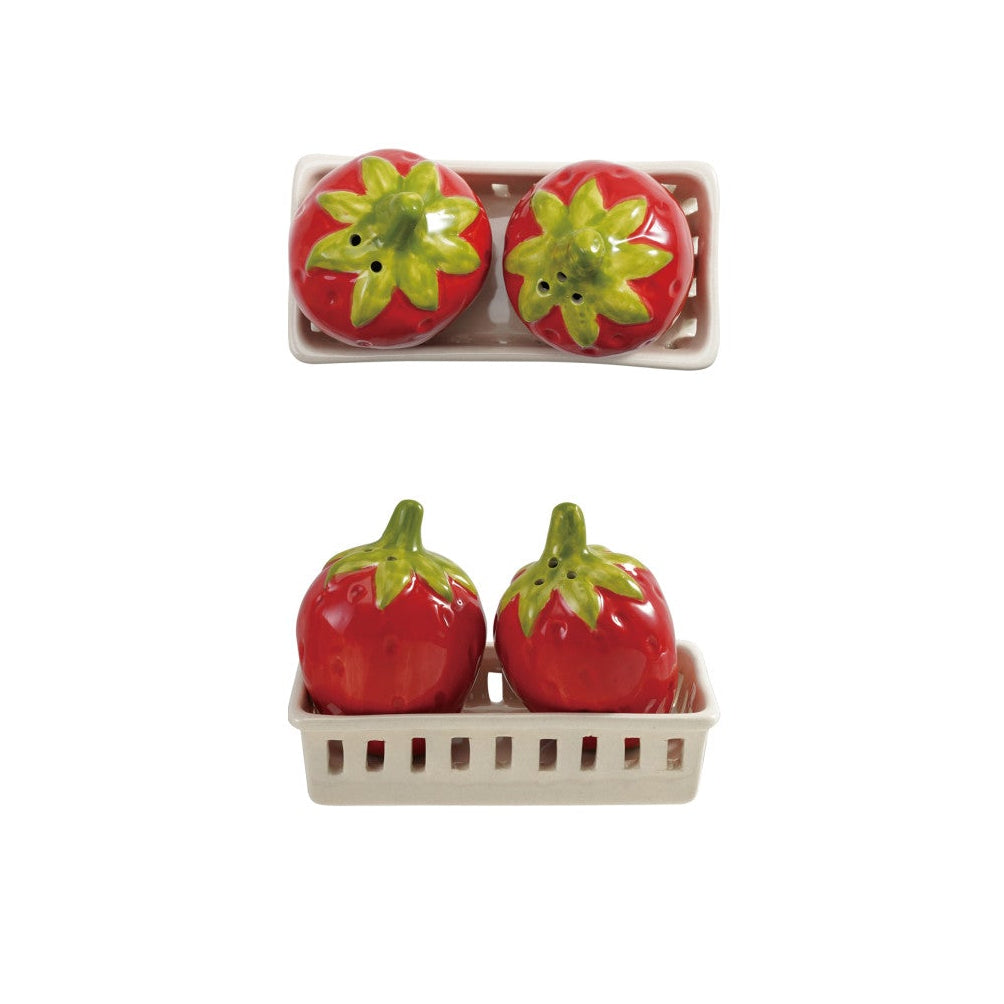 Stoneware Strawberry Shaped Salt & Pepper Shakers with Berry Basket Shaped Holder, Set of 3