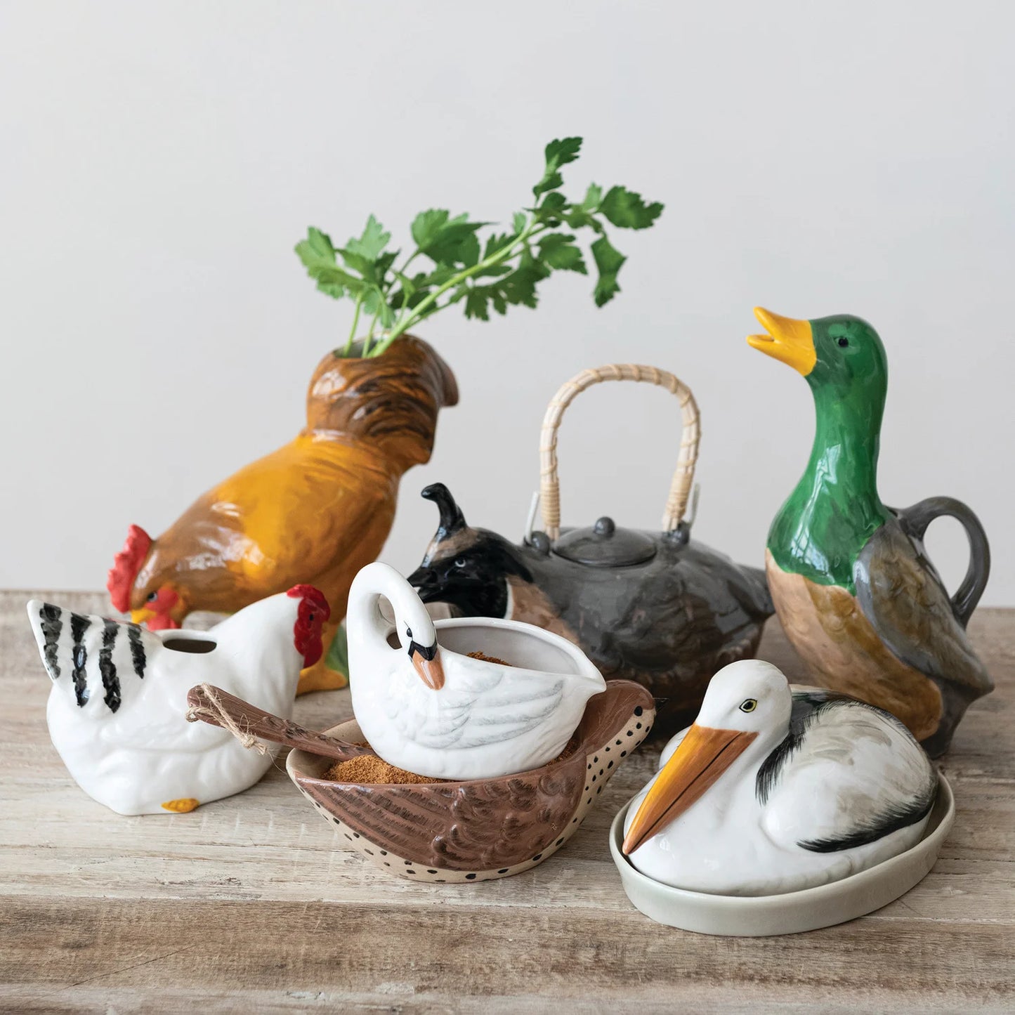 Hand-Painted Stoneware Quail Shaped Teapot