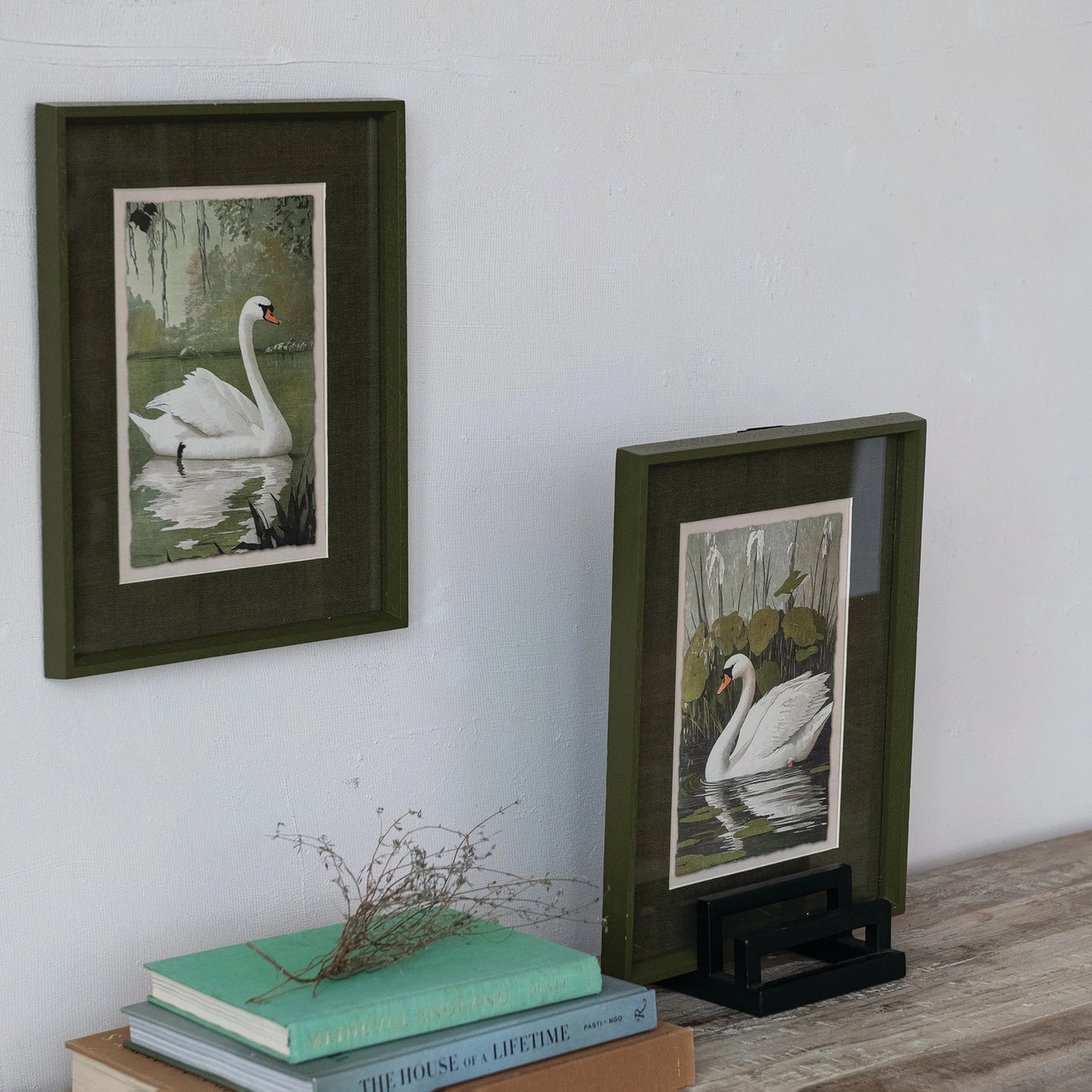 Wood Framed Glass Wall Decor with Swan & Mat