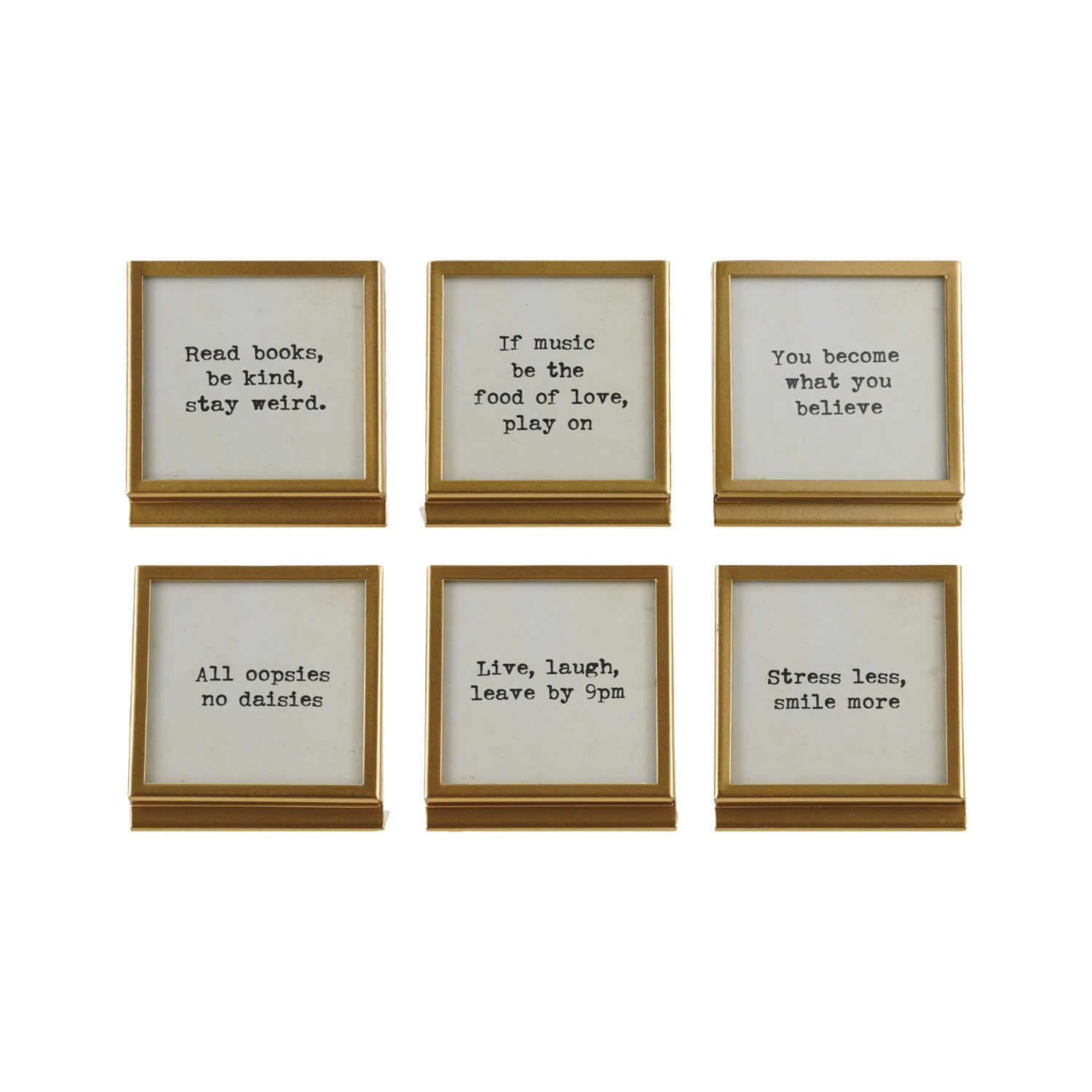 Metal & Glass Frame with Easel & Saying, Gold Finish, 6 Styles (Holds 3" Square Photo)