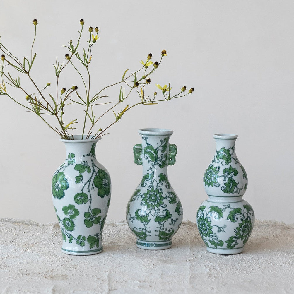 Hand-Painted Stoneware Vase with Floral Design Greee