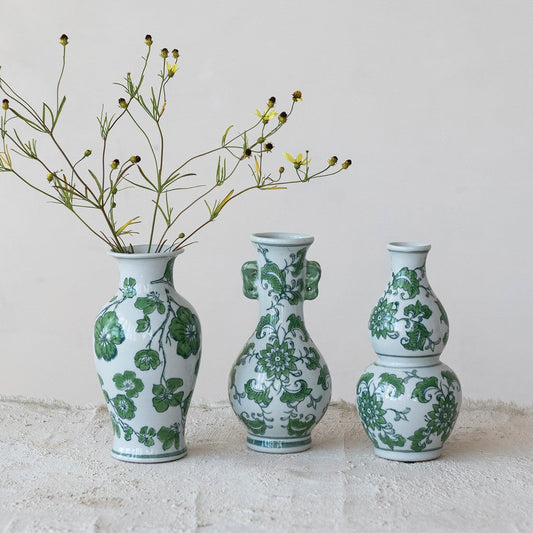 Hand-Painted Stoneware Vase with Floral Design Greee