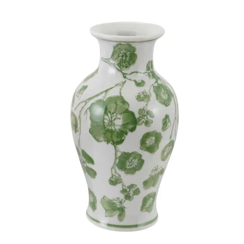Hand-Painted Stoneware Vase with Floral Design Greee