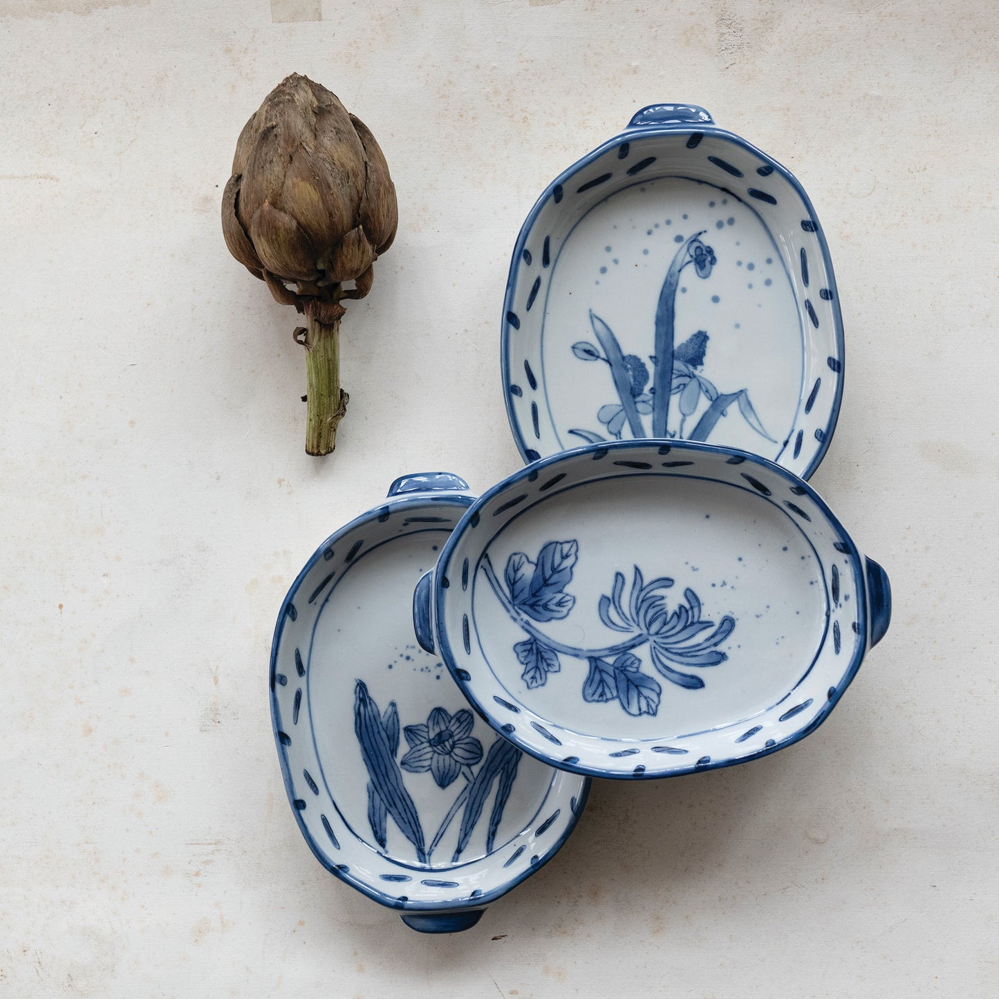 7"L x 5"W Hand-Painted Stoneware Baker with Handles