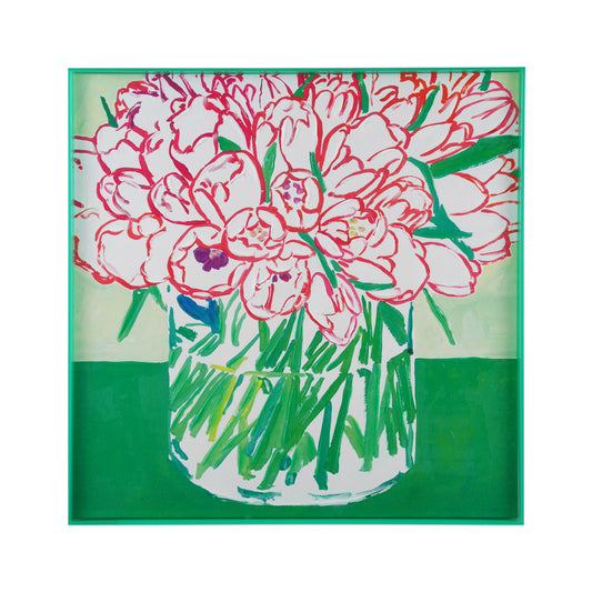 Green Acrylic Box Framed Canvas Wall Decor with Hand-Painted Flowers in Vase