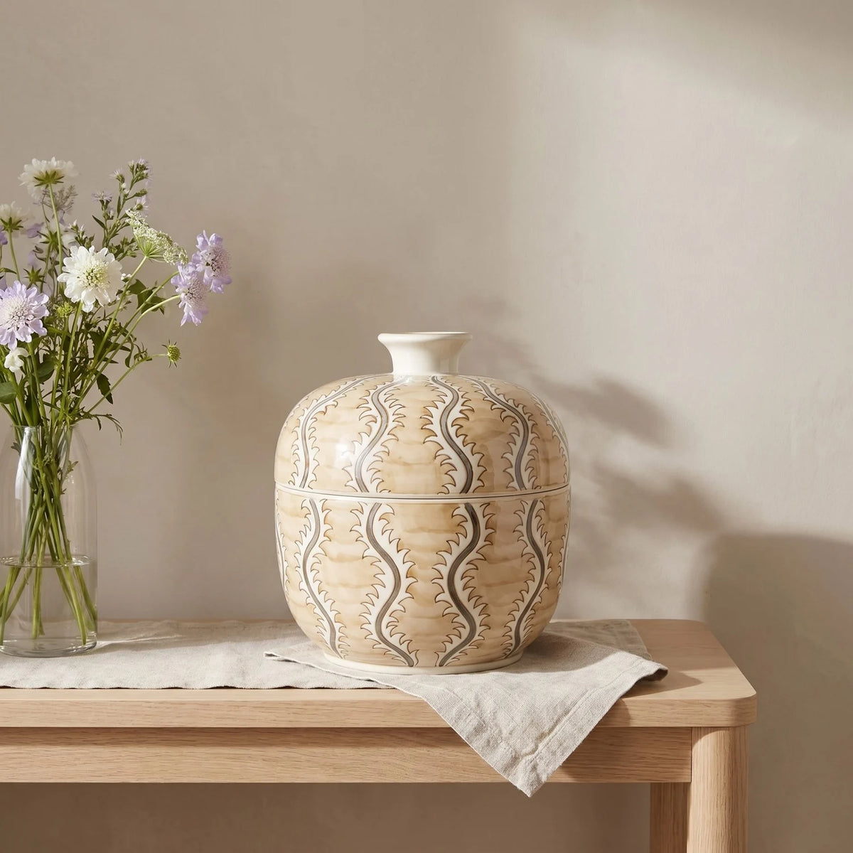 Decorative Hand-Painted Stoneware Jar with Design Large