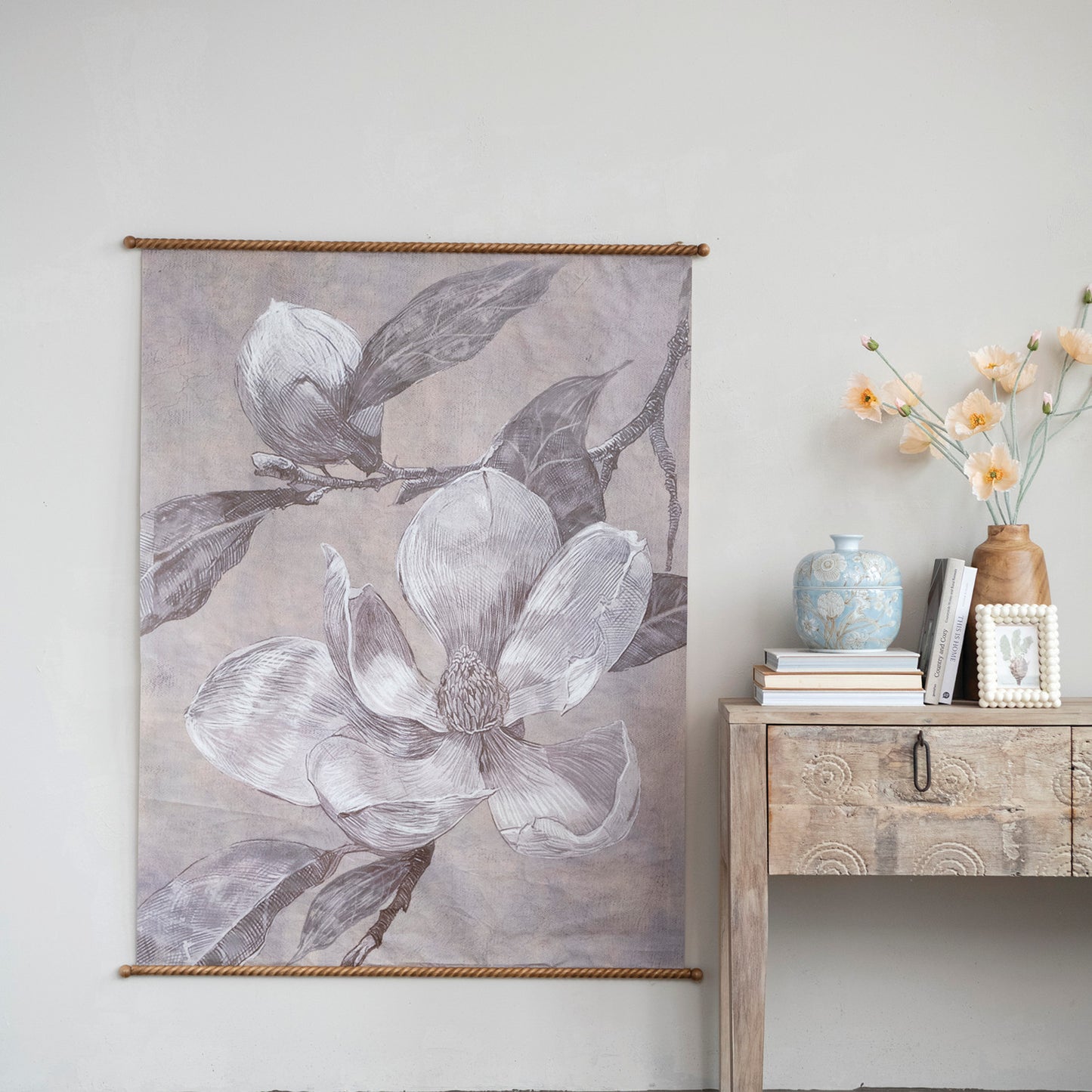 Carved Wood & Paper Scroll Wall Decor with Magnolia