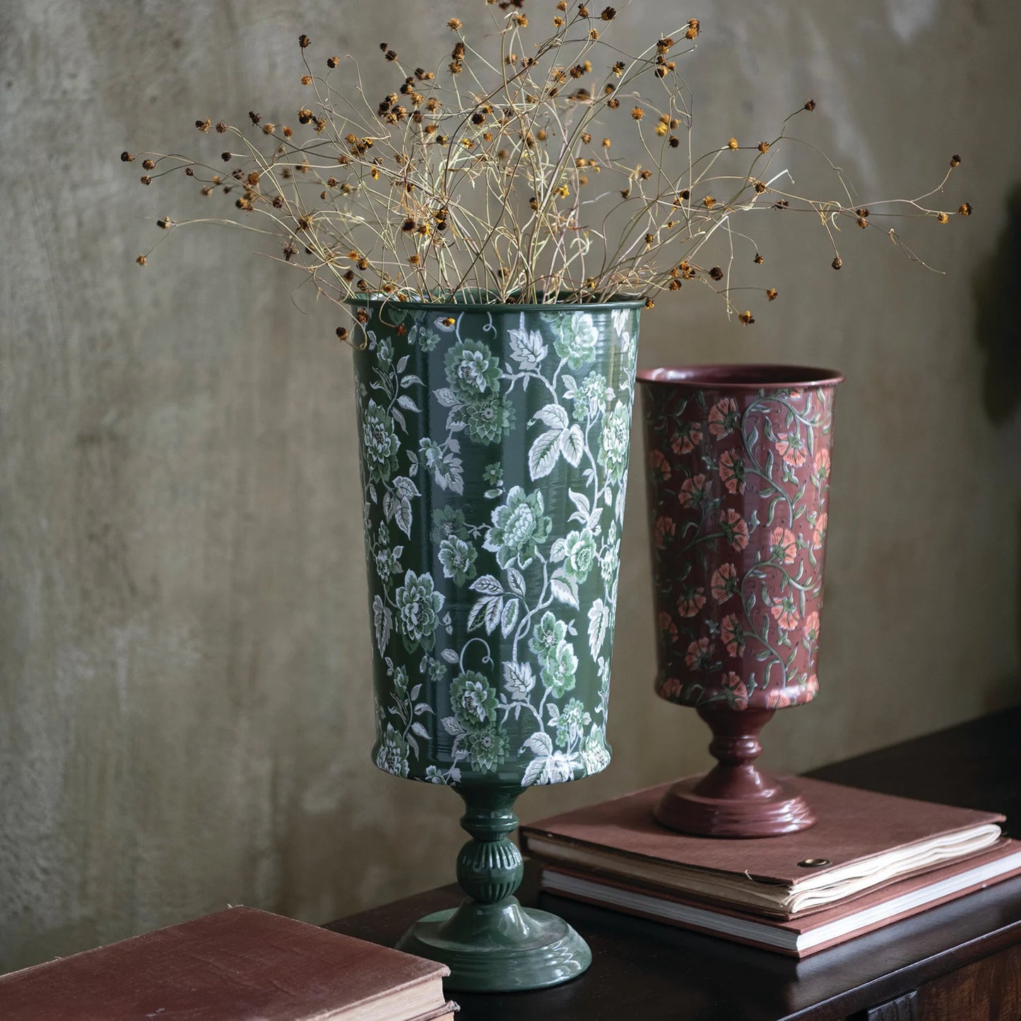Metal Footed Vase with Floral Pattern, Green, Grey & White