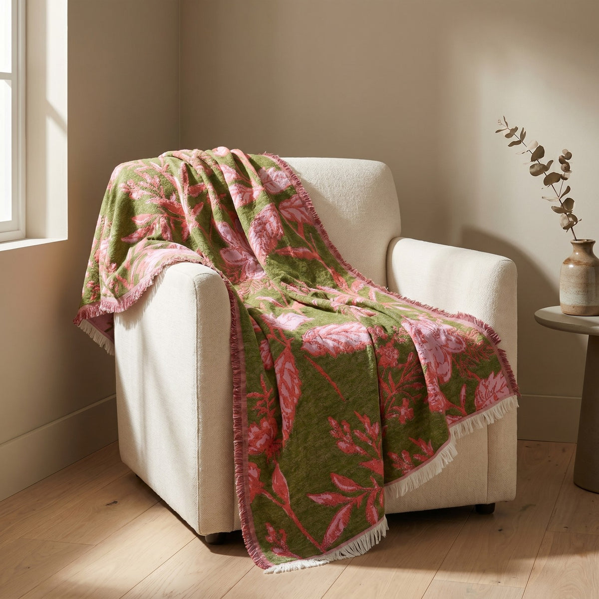 60"L x 50"W Woven Fabric & Acrylic Jacquard Throw with Fringe