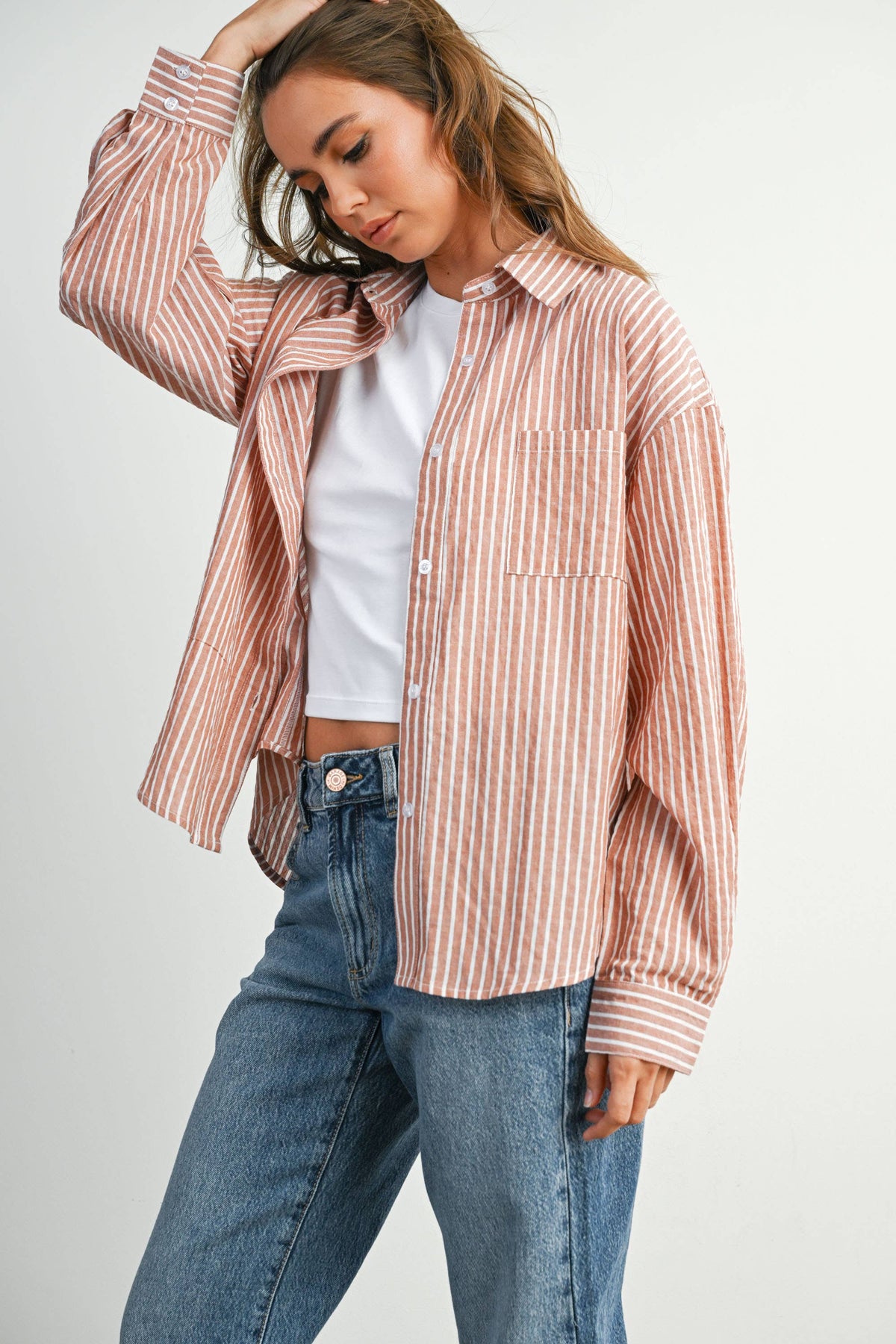 Cropped Striped Button-Up Collared Long Sleeve Top - Brick
